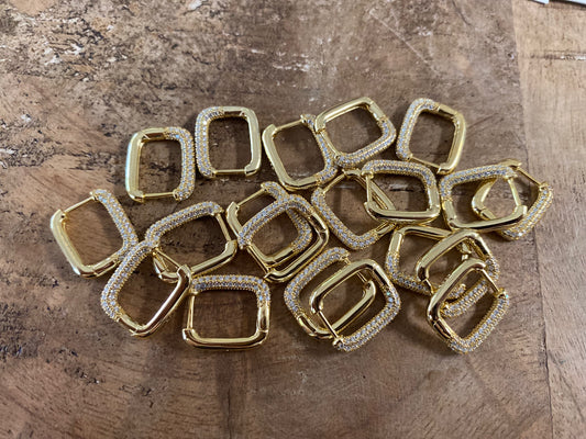 Sterling Silver Gold Vermeil Square Huggies with Clear Crystal